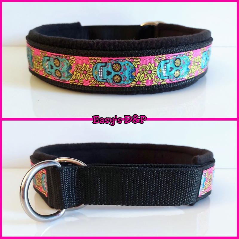 Halfcheck zwart skull roze 