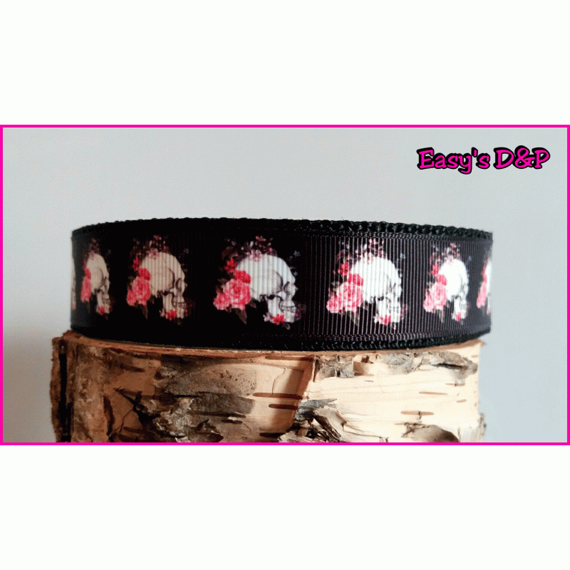 Zwart doodskop roze bloemen 2.5cm hb